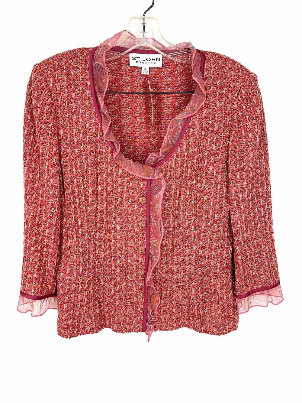 St. John Size 10 Pink/Cream Knit Trim Designer Skirt Suit